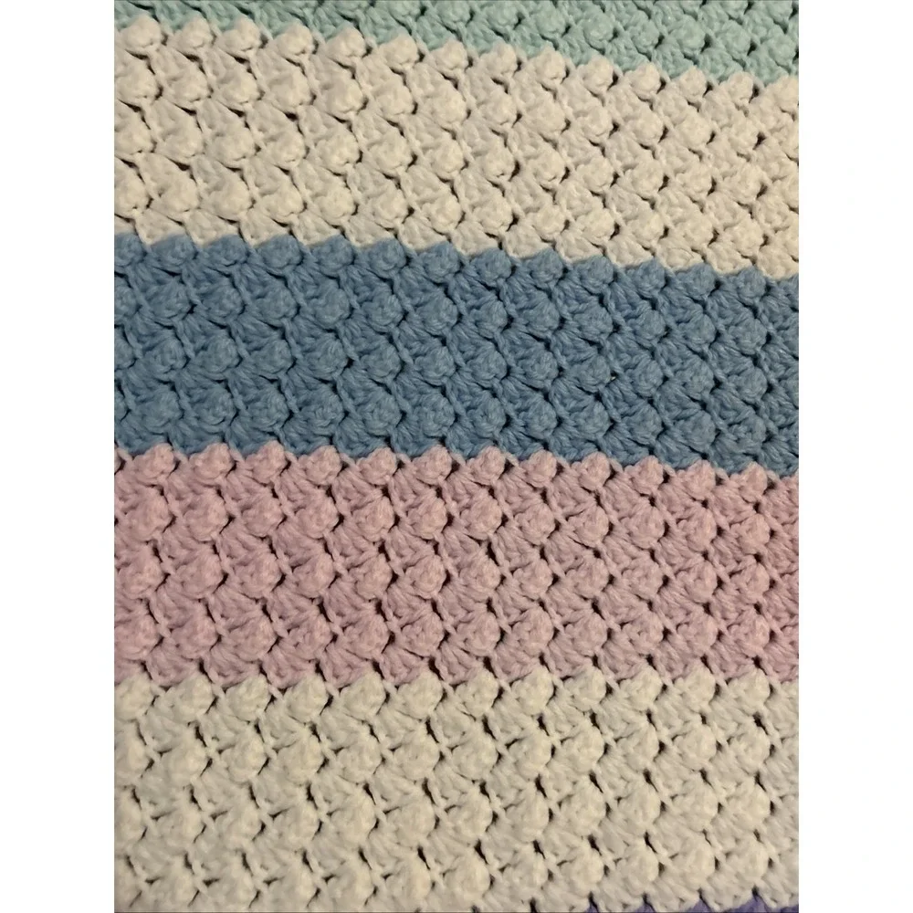Handmade‎ Knit Vintage White Pink Yellow Blue Afghan Blanket Soft Retro 58
